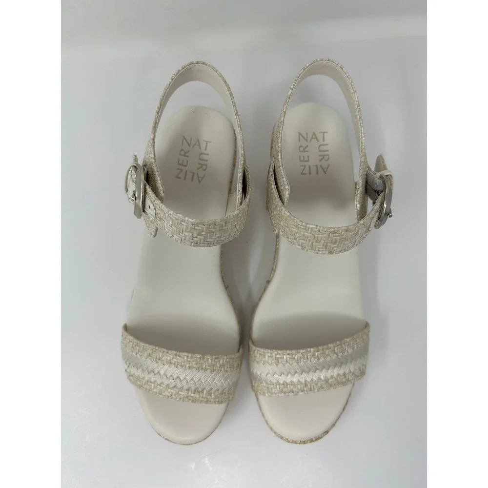 Naturalizer Womens Cream Woven Wedge Sandals Platform Ankle Strap Shoes 9 Wide